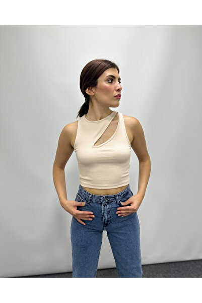 deqfashion Kadın Bej Damla Detaylı Örme Crop Atlet