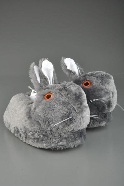 KONFOR Sevimli Tavşan Figürlü Peluş Panduf Gri