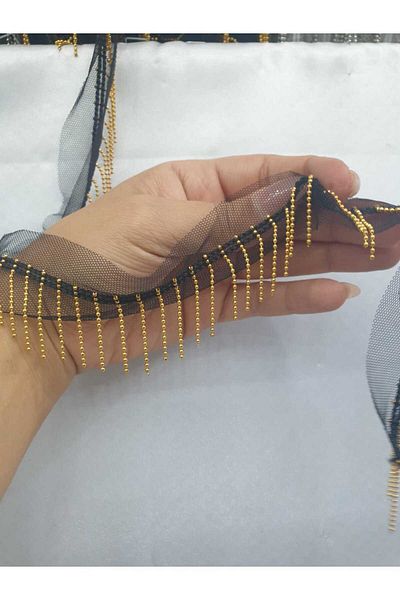ESRA ŞELEM Black Tulle Gold Ball Chain Fringe Ribbon Decorative Ribbon