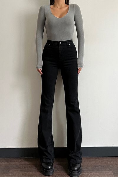 Trn JNS Blugi negri Flare (extra confortabili) Blugi Flare cu talie înaltă