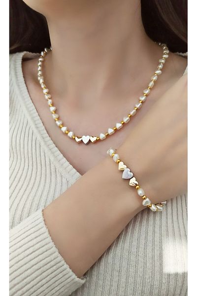MARCİELO Accessories Three Hearts Necklace-bracelet Set with Gold Apparatus