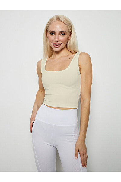 MİSTİRİK Marsala Model Corded Knitted Model Top Crop Sports Bustier Crop Ecru Color