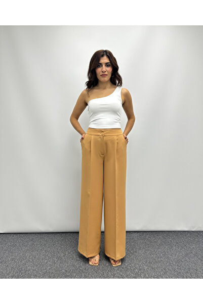 deqfashion Kadın Camel Pileli Yüksek Bel Palazzo Kumaş Pantolon