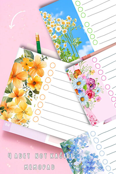 PastelSanat 14x10 Cm 4 Adet Rengarenk Çiçekler Memopad , Bloknot , To Do List , Notepad , Planlayıcı Seti