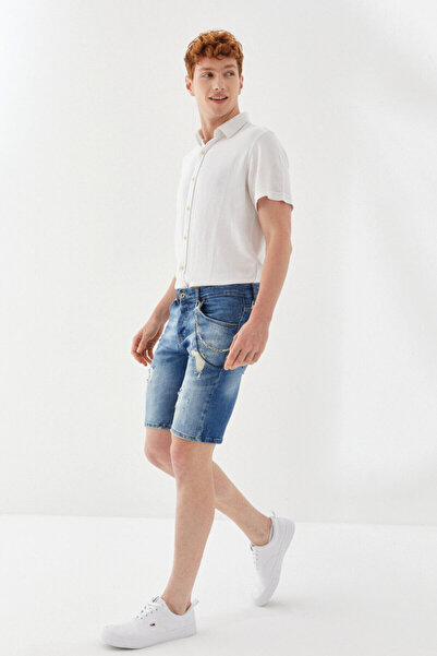 ANDMEN Önü Yırtık Zincirli Boru Paça Dizüstü Skinny Fit Denim Kısa Pantolon Mavi