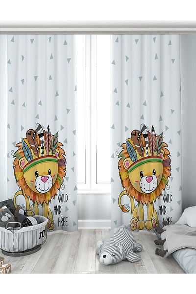 Evperest Cute Lion Biplane Background Curtain EPP152
