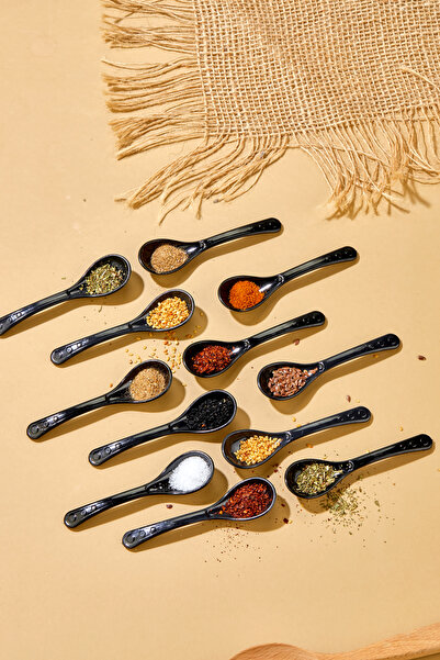 AKAN HOME 12 Adet Siyah Servis Ve Baharat Kaşığı - Kahvaltılık Bal Kaşığı Şek...