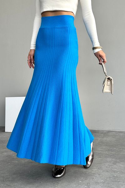 LOOSH Women's Turquoise High Waist Flared Knitwear Skirt