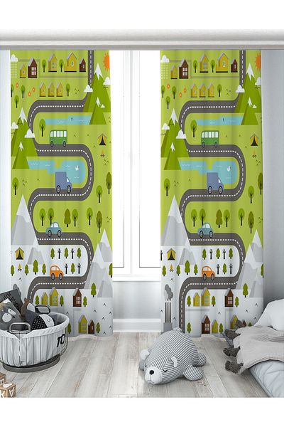 Evperest Traffic Road City Themed Biplane Background Curtain EPP148
