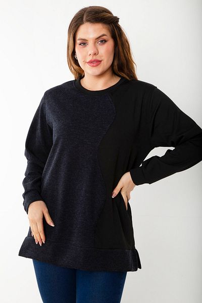 Şans Women's Large Size Navy Blue Dueble Face Fabric Color Combination Sweatshirt 65N37124