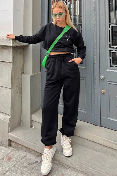 vladivosto High Waist Elastic Oversize Black Gray Sweatpants - Pack of 2