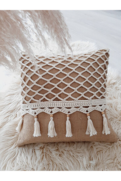 ZÜMAL Makrome Örgü Keten Dekoratif Kırlent Kılıfı Tekli -yastık 43x43 Cm (ren...