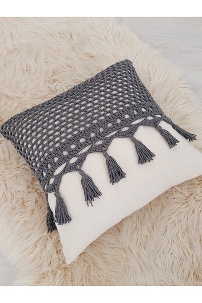 ZÜMAL Macrame Knitted Linen Decorative Throw Pillow Cover Single - Pillow 43x43 Cm (Color Antresite)