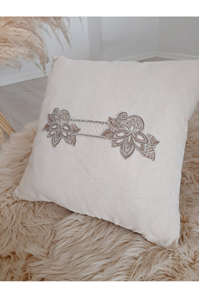ZÜMAL Güpür Dantelli Keten Dekoratif Kırlent Kılıfı Tekli -Yastık 43x43 Cm (R...