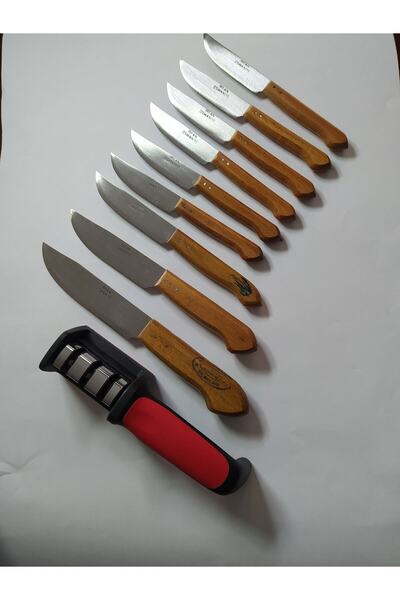 DİBA AVM Kitchen Knife Set - Wooden Handle Osmaniye Knife Fruit Vegetable Knife Knife Sharpening Tool Set of 10