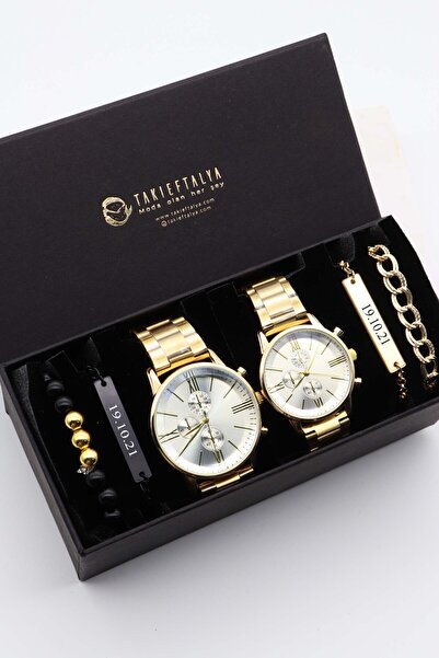 Northwatch Kişiye Özel Gold Çift Saati, Çift Bileklik - Sevgili Kombini - Saat Seti