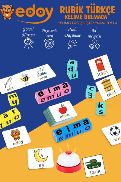 edoy Montessori Eğitici Oyuncaklar - Türkçe Bulmaca Oyunu 16 Küp 40 Türkçe Kart Ve Zil Eğitici Oyuncak