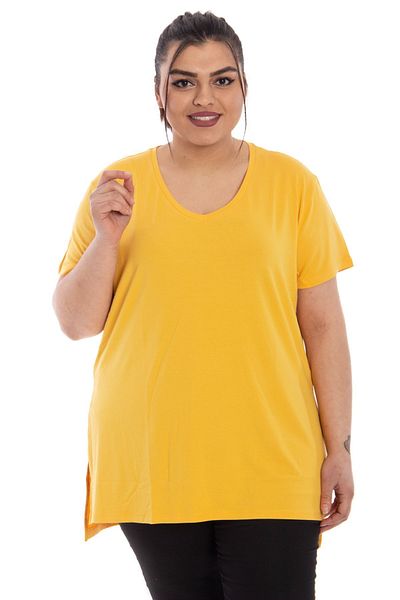 Hanezza Tricou din viscoză din bumbac muștar, cu fantă laterală, cu decolteu în V - țesătură certificată