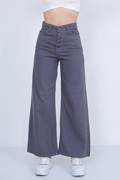 BROWSER Women's Gray High Waist Button Detailed Wide Leg Pants