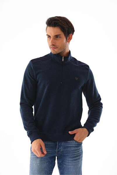 Rabsido larcivert dik yaka pamuklu yarım fermuarlı selanik kumaş erkek sweatshirt