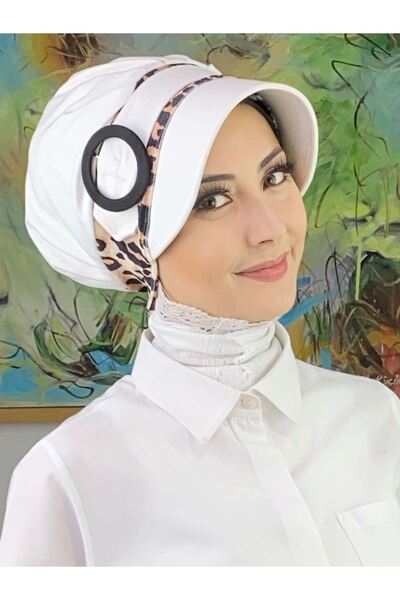 BUTİKAMBAR Nazli Model Large Leopard Hijab White Hat with Buckle