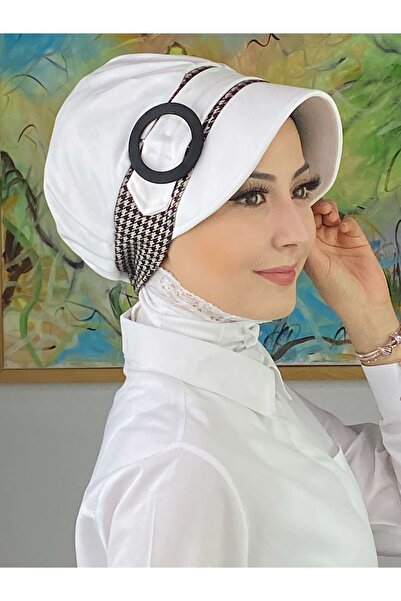 BUTİKAMBAR Nazlı Model, debeo mlečno smeđi kazajakli hidžab sa kopčom, bela kapa