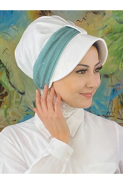 BUTİKAMBAR Velcro menta zeleni svetlucavi šifonski šal, beli šešir
