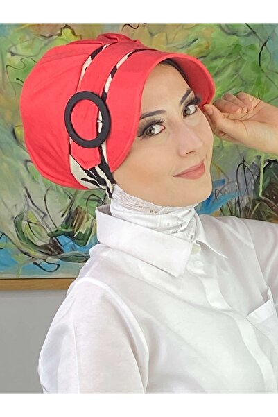 BUTİKAMBAR Nazlı Model Kopča Veliki Krem Hidžab sa Zebrastim Uzorkom Crveni Š...