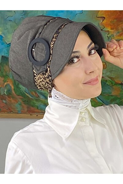 BUTİKAMBAR Nazlı model smeđe leopard hidžaba sa kopčom i antracit šešira