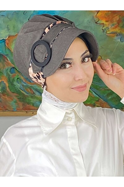 BUTİKAMBAR Nazlı Model Kopča Leopard Hidžab Tamno Sivi Šešir