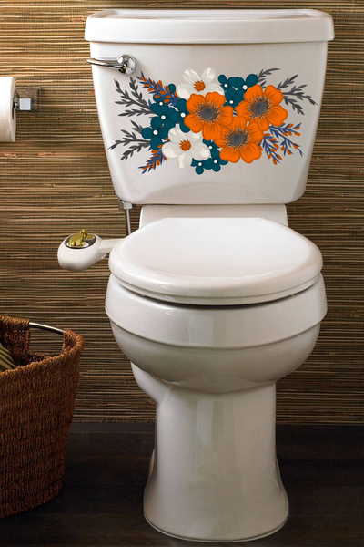 Echo Home زهور برية بيضاء برتقالية - ملصق مقعد المرحاض، طراز الحمام ECH119