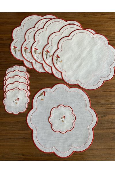 NURHAN HOME COLLECTION 12 Piece Set Love Birds Red Embroidered American Service and Cocktail Presentation Napkin