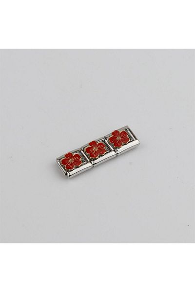 Kaeria Accessory Steel Silver Red Flower Detailed Italian Charm Attachment Link