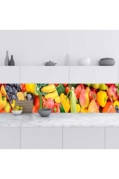 StickerArt Mutfak Tezgah Arası Folyo Fayans Kaplama Folyosu Sebze Meyve Kolaj