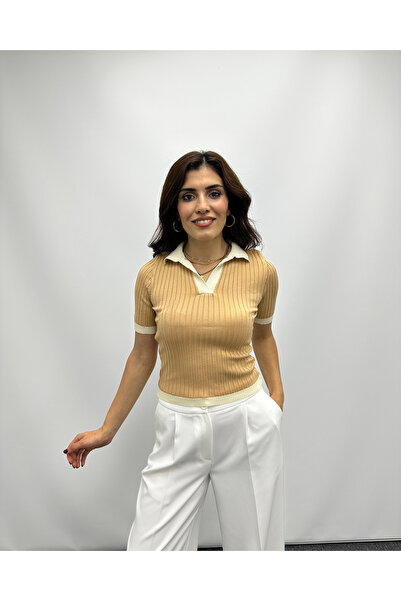 deqfashion Bej Polo Yaka Kısa Kol Ince Triko Bluz