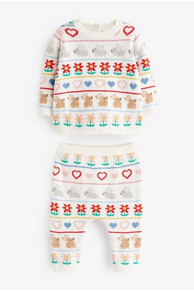 Next Baby 100% Cotton Patterned Knitwear Top and Bottom Set
