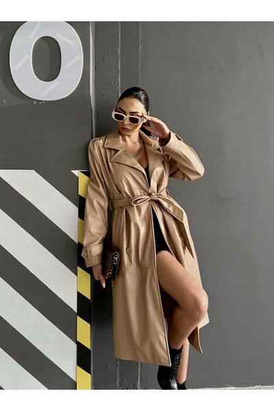 LB Laluna Butik Γυναικεία δερμάτινη μανσέτα με λεπτομέρεια ζωνωτή μακρύ παλτό παλτό καμπαρντίνα