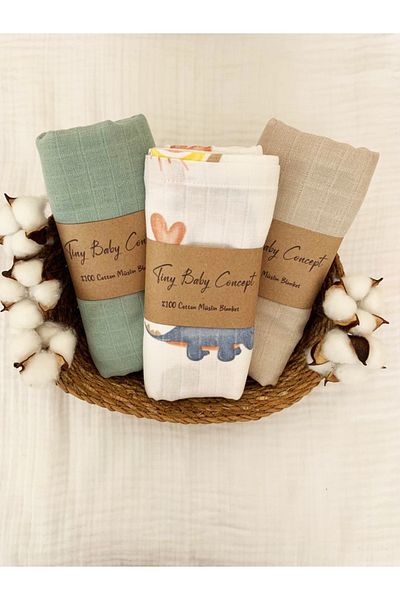 Tinybabyconcept بطانية أطفال من الموسلين القطني العضوي الناعم 100% متعددة الأغراض 3 قطع مقاس 90 × 100 سم من قماش الموسلين
