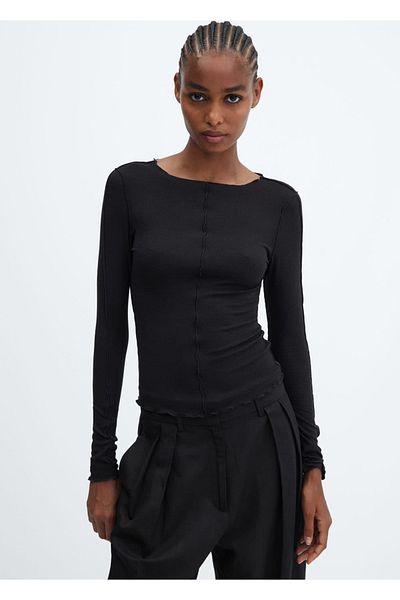 MANGO Woman Decorative Stitched Ribbed T-Shirt