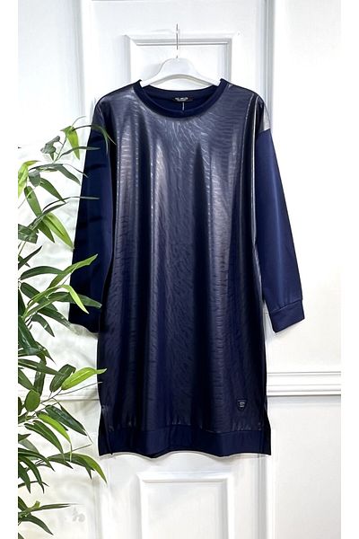 Aşkı Endam Plus Size Leather Zebra Pattern Tunic - Navy Blue