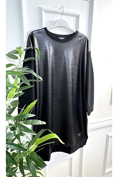 Aşkı Endam Plus Size Leather Zebra Pattern Tunic - Black