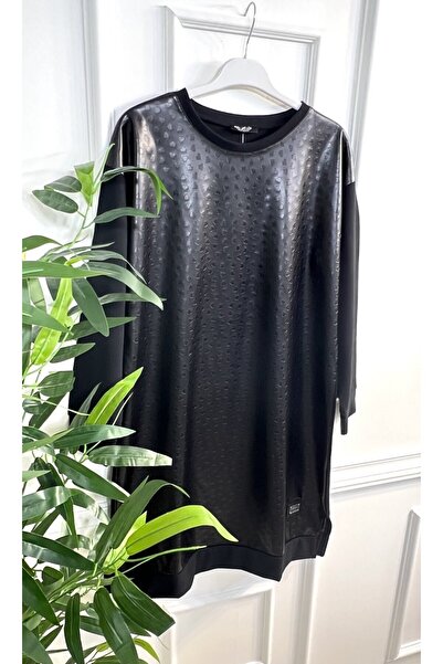 Aşkı Endam Large Size Leather Heart Pattern Tunic Black