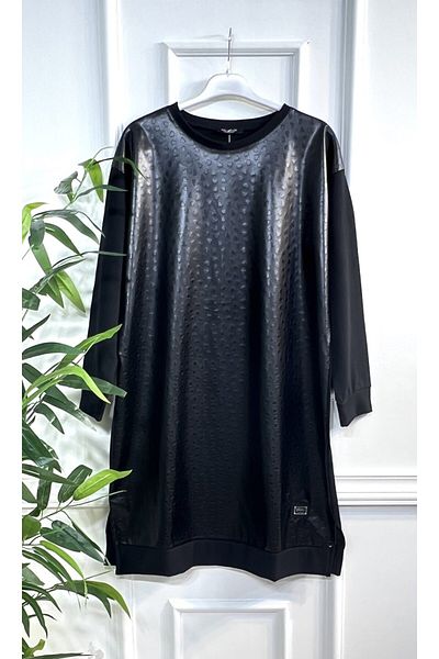 Aşkı Endam Large Size Leather Heart Pattern Tunic Black