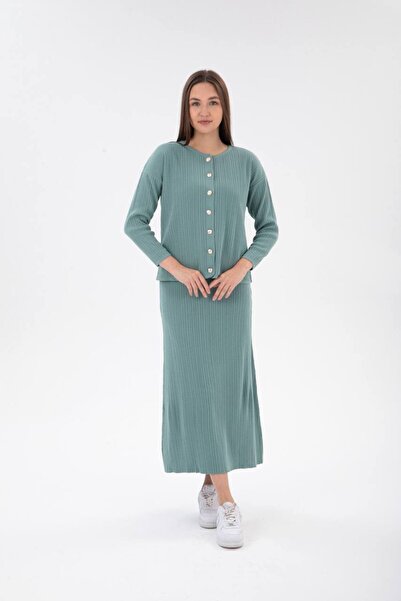 TUSSE Classic Epaulette Buttoned Ribbed Solid Color Skirted Knitwear Cotton Large Size Women's Suit