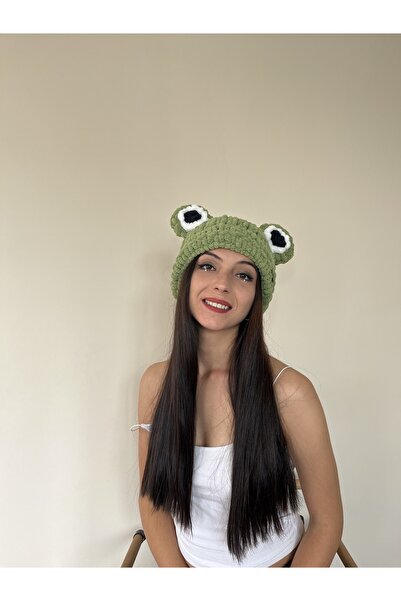 AidaAstrid Yeşil Kurbağa Şapka Puffy Bere Hayvan Figürlü Şapka Kayak&snowboard Kurbağa Gözlü Bere Şapka