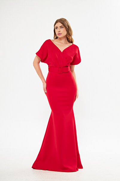 ModaLy Moda ESNEK SCUBA KUMAŞ KIRMIZI RENK KRUVAZE YAKA KEMER  ABİYE ELBİSE GL-686 582099