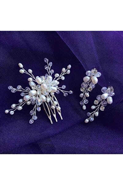 ecrin tuhafiye hobi İncili Şefaf Boncuklu Taraklı Gelin Saç Tokası & 2li küpe...