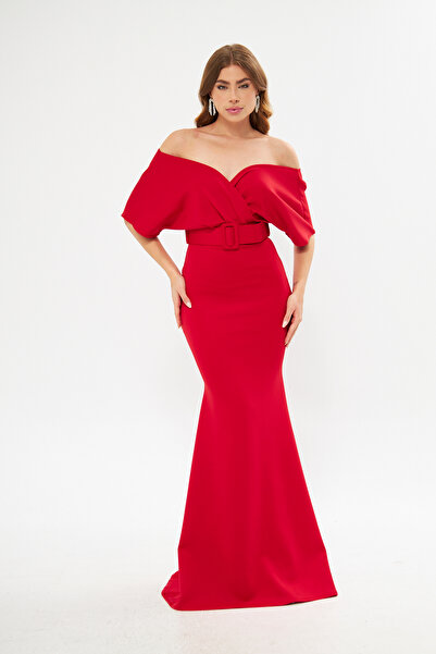 ModaLy Moda ESNEK SCUBA KUMAŞ KIRMIZI RENK KRUVAZE YAKA KEMER  ABİYE ELBİSE GL-686 582099