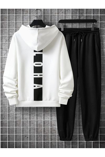 Black Sokak Black-White Aloha Printed Oversize Men's Hooded Bottom-Top Tracksuit Set