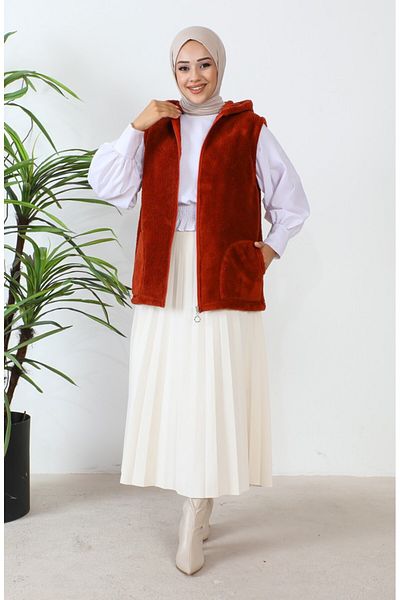 Kardelen Butik Ümraniye Hooded Sports Welsoft Fleece Vest Brown